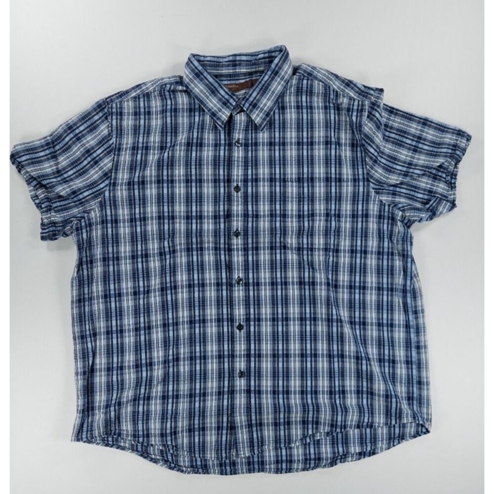 Perry Ellis Mens XXL Short Sleeve Button Down Shirt Cotton Plaid White Blue 2XL